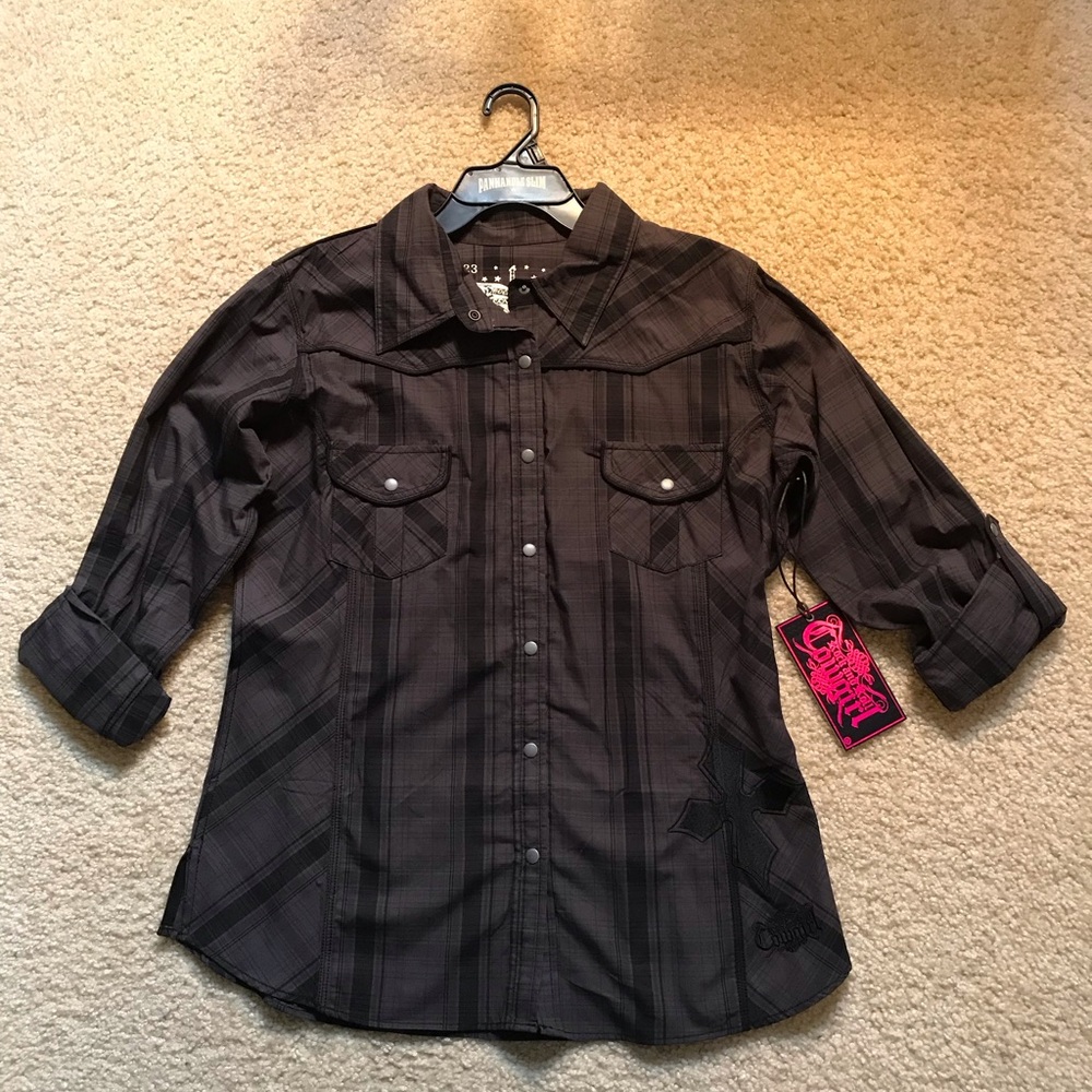 Panhandle Slim Rock & Roll Cowgirl Plaid Cross Convertible Sleeve Shirt NWT